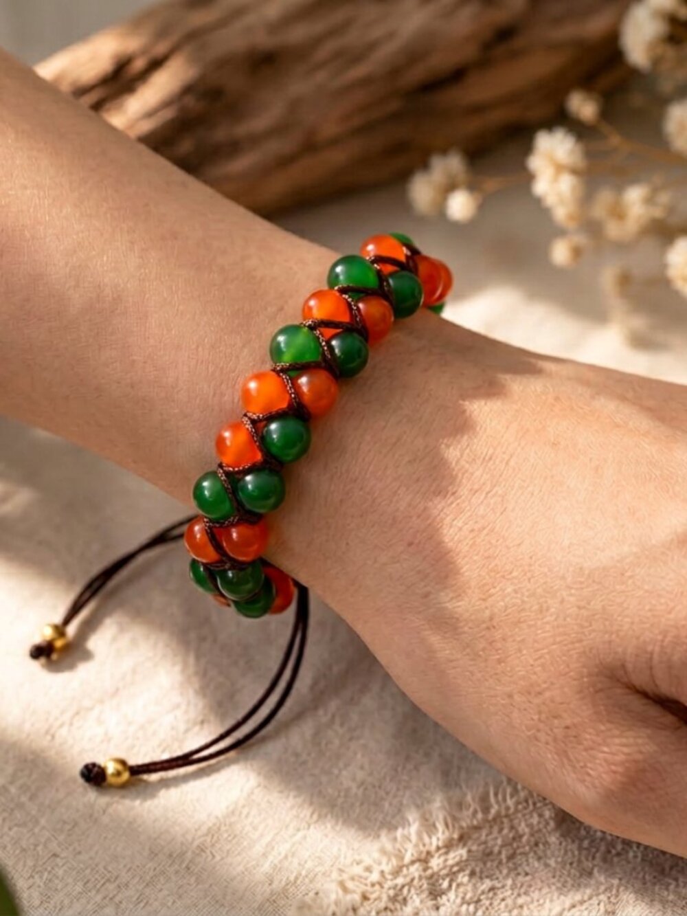 Orange and green beaded Bracelet Macrame Style Adjustable Nylon Cord Boho unisex